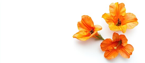 Top view of vibrant orange trumpet vine flowers on white background with ample negative space for text or graphic design elements
