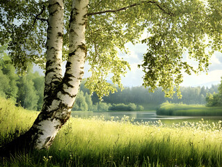 Fototapeta premium Serene Birch Tree by Picturesque Lake with Lush Greenery and Calm Atmosphere : Generative AI