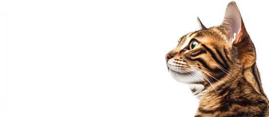 Bengal cat profile on white background with space for text showcasing feline beauty and unique markings