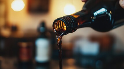 Pouring dark liquid from a bottle in a cozy indoor setting with warm ambient lighting
