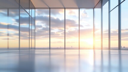 Fototapeta premium Serene pastel sky with clouds and sunlight illuminating modern glass interior ideal for product showcases in contemporary architecture