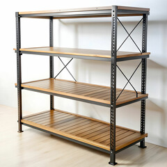 A sturdy metal rack featuring wooden shelves, combining industrial and rustic design elements,