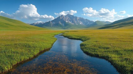 Serene stream flows through mountain meadow.