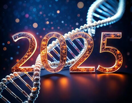 A futuristic representation of the year 2025, featuring illuminated numbers intertwined with a DNA strand against a cosmic backdrop. - Powered by Adobe