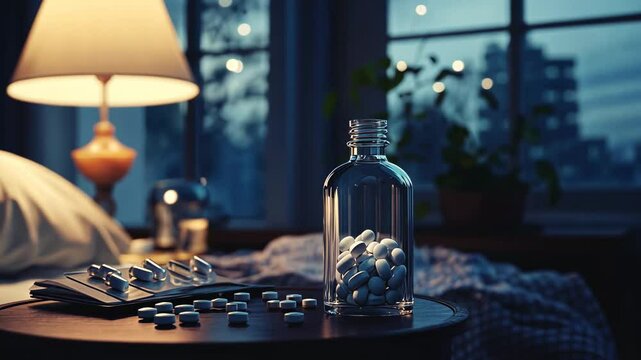 A glass bottle of pills is placed on the bedside table in an apartment at night, illuminated by soft light from lamps and moonlight streaming through the large windows.