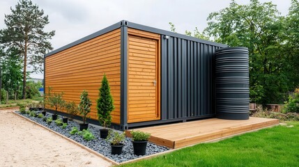 Obraz premium A container home designed with a composting system and rainwater collection barrels