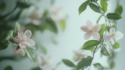 Delicate pink flowers with lush green leaves against a soft background evoking a fresh and dreamy spring atmosphere