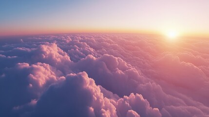 Aerial view through airplane window showcasing vibrant sunset over fluffy clouds in a serene blue sky during summer travel