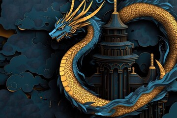 Obraz premium A mythical dragon curled around a tower in an intricate paper - cut style