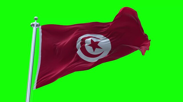 National Flag of Tunisia Animation - Tunisia Flag Waving in Loop and Textured 3d Rendered on a green screen background, Loopable