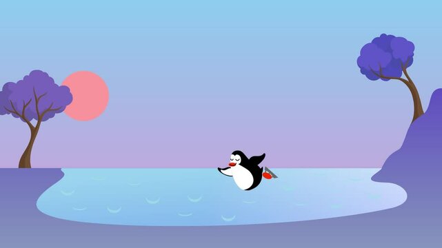 A penguin skates on a rink as the seasons change. Cartoon 4K