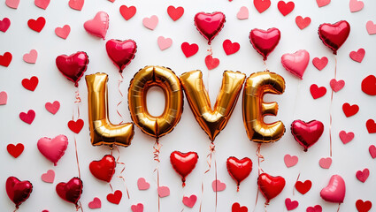 word LOVE and heart-shaped balloon on white background. Valentine's day background