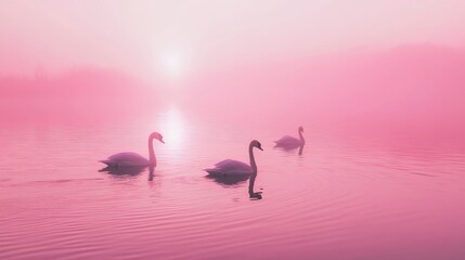 Fototapeta premium Elegant Swans Gliding on a Misty Lake at Sunrise Surrounded by Soft Pink Tones and Gentle Ripples
