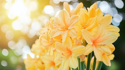 Fototapeta premium Vibrant yellow flowers in full bloom with beautiful bokeh effect showcasing nature's beauty and serenity in soft sunlight.
