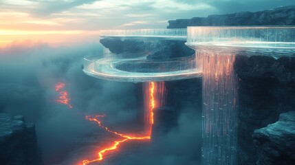 Glass walkway, lava flow, futuristic cliffside vista.