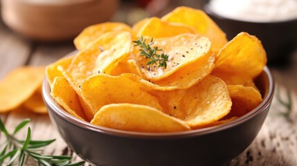 Sweet potato chips seasoned with herbs served in a bowl with a creamy dipping sauce on a rustic wooden table