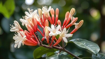 Fototapeta premium Coral tree blooming with vibrant white and red flowers in lush summer greenery natural background