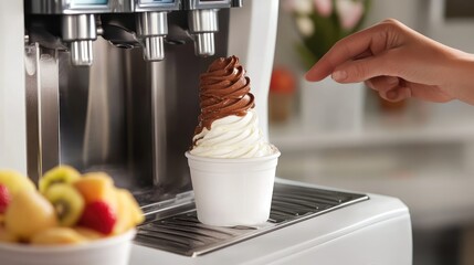 Soft serve ice cream machine dispensing chocolate yogurt with fresh fruit cup in a bright and inviting setting