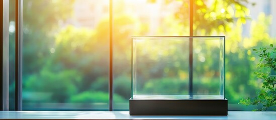 Caring for fragile glass display cabinet with empty space for text in bright sunlight showcasing security and maintenance assurance services