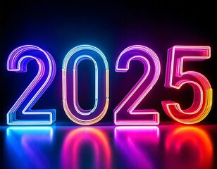 Vibrant neon numbers "2025" glowing against a dark background, symbolizing the upcoming year with colorful illumination.