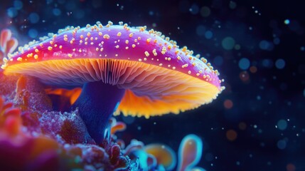 Colorful poisonous mushroom illuminated against a dark backdrop showcasing intricate details with vibrant glowing hues and surreal textures
