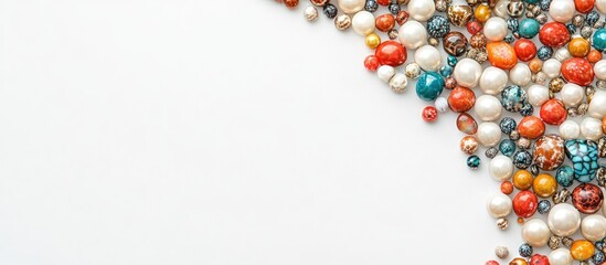 Colorful exotic beads arranged on a white background creating a vibrant composition with ample space for text and design elements.