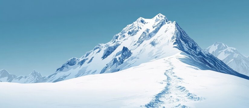 Snowy Mountain Peak Climbing Path Under Clear Blue Sky with Blank Space for Text in Winter Landscape Scene