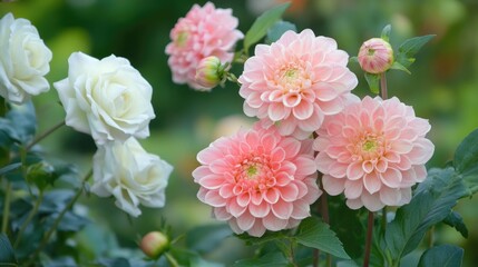 Soft pink dahlias and delicate white roses with green leaves against a softly blurred garden background showcasing floral beauty and tranquility © The 2R Artificiality