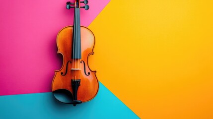 Violin displayed on a vibrant and colorful geometric background creating a striking visual contrast in music and art.