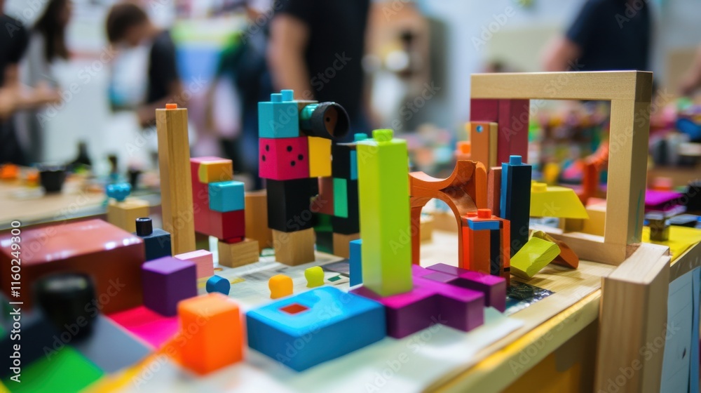 Poster A vibrant maker faire with innovators showcasing DIY projects made from blocks, Blocks used in innovative DIY projects, Maker culture style