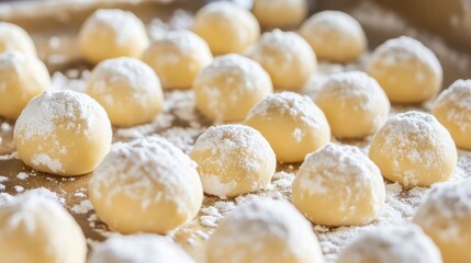 Fototapeta premium Sweet Dough Balls Coated in Powdered Sugar on a Baking Sheet Ready for Serving