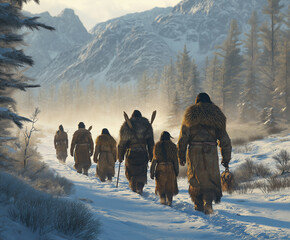 Group of ancient hunters trekking through snowy mountains during dawn in a vast wilderness