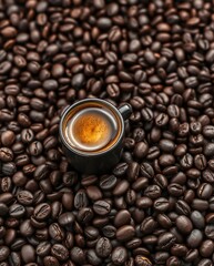 Close-Up of a Coffee Cup Surrounded by Dark Roasted Coffee Beans