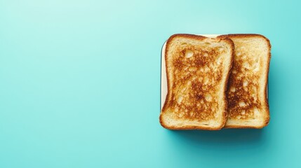 Toasted golden brown bread slices on a blue background showcasing a white toaster and modern breakfast aesthetic