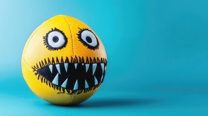 Vibrant yellow monster football with exaggerated features on blue background perfect for Halloween events and festive promotions