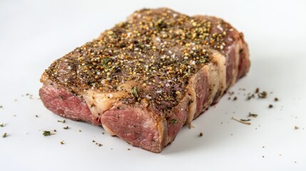 Seasoned steak with herbs and spices on a clean white background ready for cooking or grilling