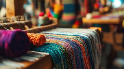 A vibrant textile weaving workshop with looms and colorful yarns, Artisan textile craftsmanship style, photo of