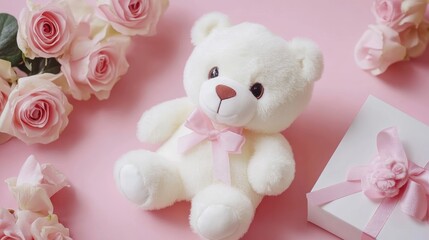 White teddy bear with pink ribbon beside gift box and pink roses on soft pink background creating a romantic and playful setting