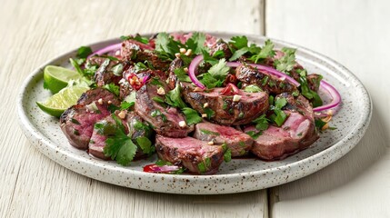 A vibrant plate of grilled beef slices garnished with herbs, onions, and lime, showcasing a colorful and appetizing dish.