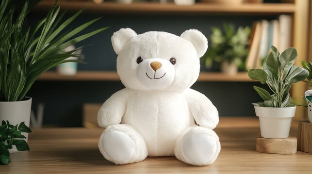 White teddy bear on a wooden table with plants featuring a customizable placeholder for baby's name and details for personalized gifts