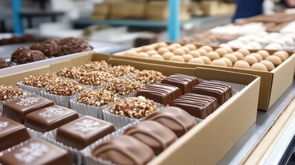 Chocolate Confectionery Production Process with Assorted Sweet Treats in Factory Setting