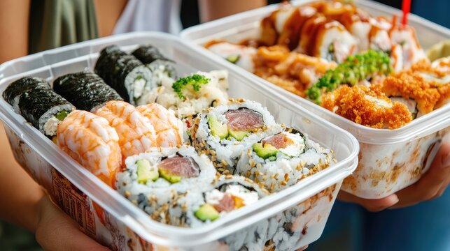 Best friends sharing delicious sushi takeout in vibrant containers enjoying a casual meal together