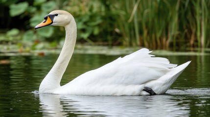 Obraz premium Elegant swan gliding gracefully on a tranquil lake surrounded by lush greenery and reflective water surface