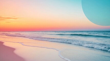 Seaside Sunset Over Ocean Waves with Sandy Beach and Soft Color Gradient in Sky for Tranquil Landscape Background Design