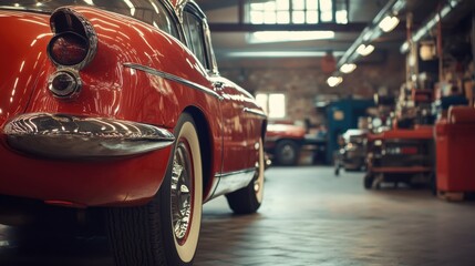 A vintage car restoration workshop filled with classic auto parts, Automotive restoration craftsmanship style, photo of