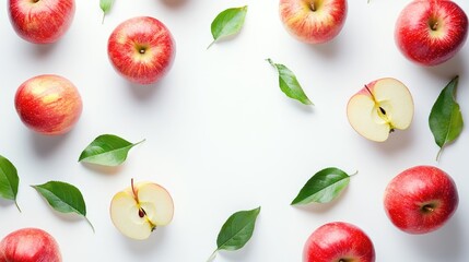 Naklejka premium Fresh Red Apples with Green Leaves and Sliced Halves Arranged on White Background for Healthy Eating Concept