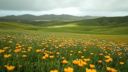 Fototapeta premium Vibrant Yellow Flowers Amidst Lush Greenery in a Serene Tranquil Landscape