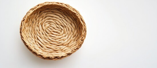 Obraz premium Circular wicker basket showcasing intricate texture on a white background with ample space for text or design elements.
