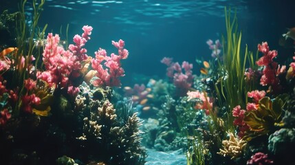 Vibrant Coral Reef Underwater Scene with Lush Marine Life and Colorful Soft Corals in Clear Blue Water