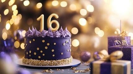 Sweet 16 Birthday Celebration Cake with Gifts and Glittering Background in Purple and Gold Foil Theme